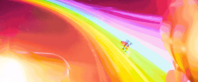 Un GIF animé de Mario faisant la course sur Rainbow Road, étant frappé par un Bullet Bill et tombant sur une partie inférieure de la piste, où il s'accroche à l'hoverbike d'un Koopa