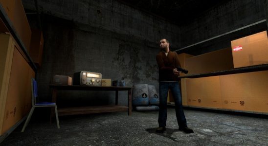 Half-Life male npc standing with pistol in bare room