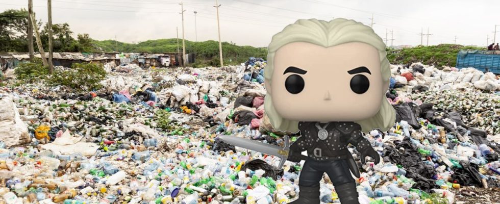 Geralt of Rivia Funko Pop superimposed over Mountain of rubbish and plastic bags, in the Dandora landfill in Nairobi, with marabu birds. High pollution and serious damage to the ecosystem. - stock photo by Enrico Tricoli via Getty Images