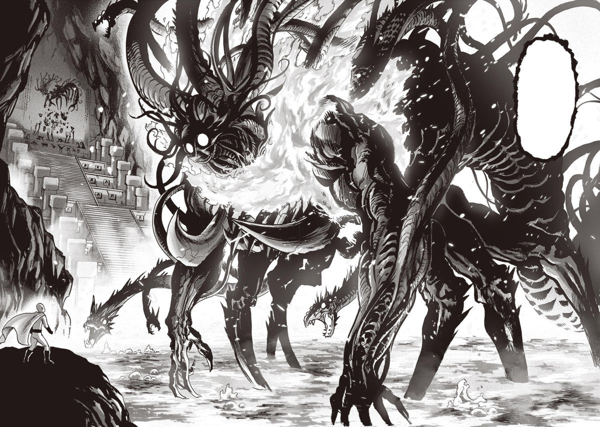 Un minuscule Saitama affronte un Orochi géant dans son état de pré-fusion dans une illustration en noir et blanc