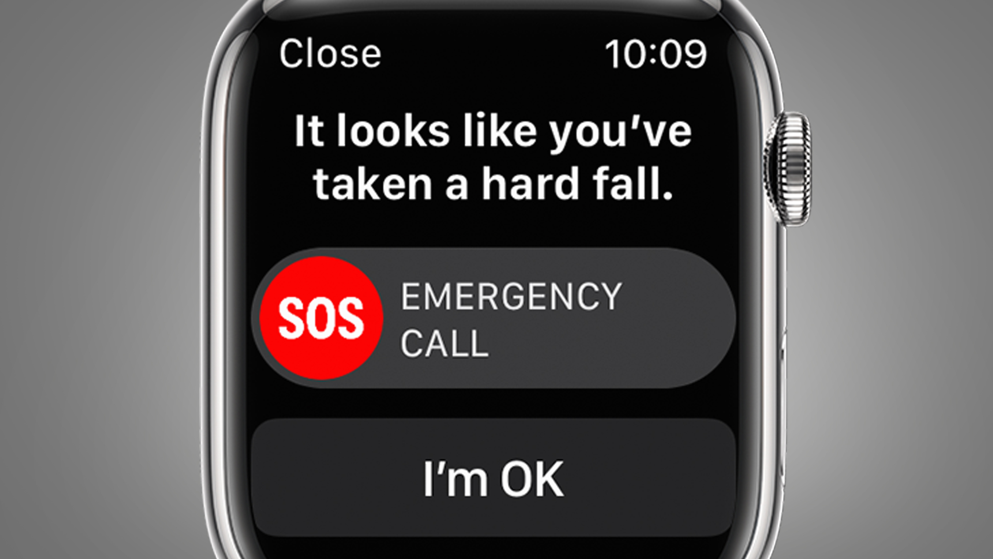 Une Apple Watch sur fond gris montrant un écran de détection de chute d'urgence