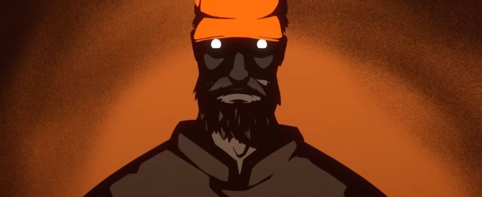 Silhouetted man with hollow, blank eyes and orange cap on burnt umber background
