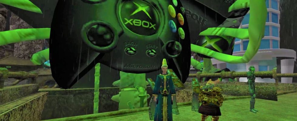 Morrowind protag standing in front of giant floating xbox controller