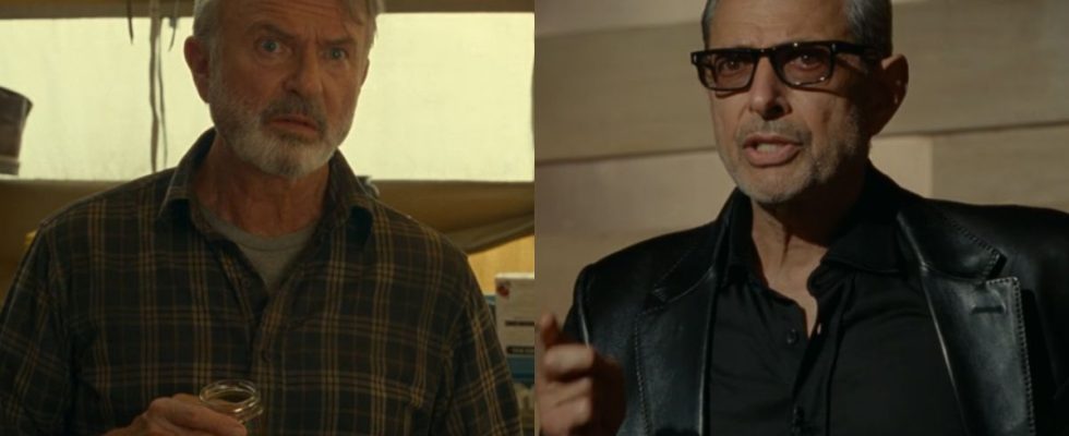 Sam Neill and Jeff Goldblum, pictured in Jurassic World Dominion, side by side.