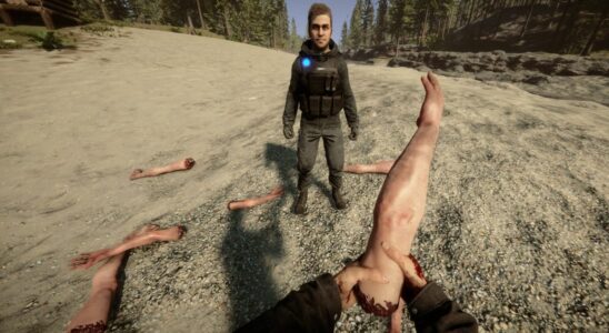 man holding severed arm with other limbs scattered around