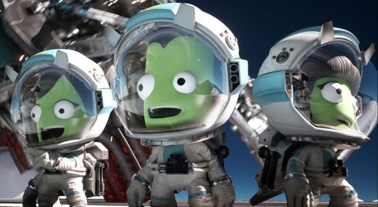 Kerbal Space Program 2 — A trio of Kerbal astronauts emerge from their lunar lander to gaze with a kind of vacant awe at the wonder of space.