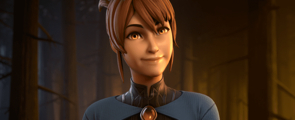 Image of the hero Marci from Dota 2. She is brown-haired and yellow eyed. She is smirking at the camera in a friendly way.