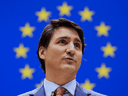 Le premier ministre Justin Trudeau s'adresse au Parlement européen à Bruxelles, en Belgique, le mercredi 23 mars 2022.
