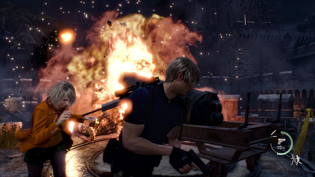 Leon et Ashley fuient une explosion dans une capture d'écran de Resident Evil 4
