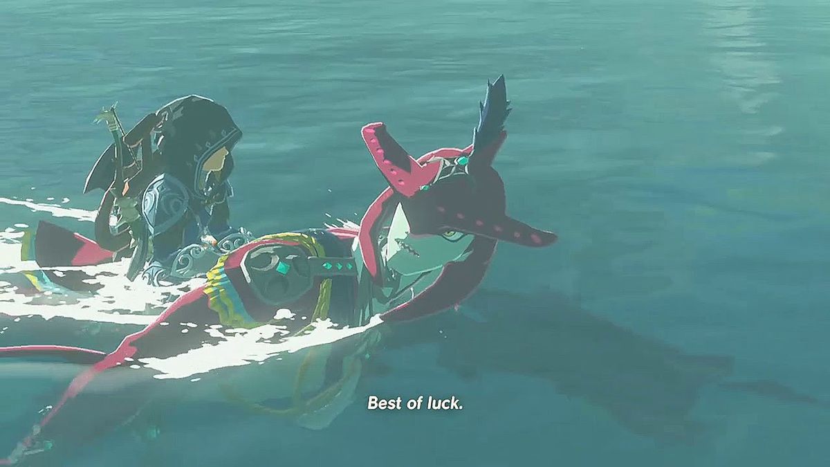 Une capture d'écran de Link chevauchant l'homme-poisson Sidon et Sidon lui disant 