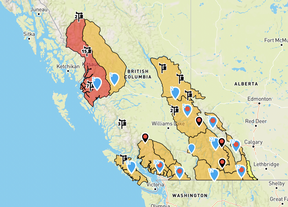 Source : Avalanche Canada.  Les zones rouges sont considérées comme à haut risque d'avalanche et l'orange est considérable.