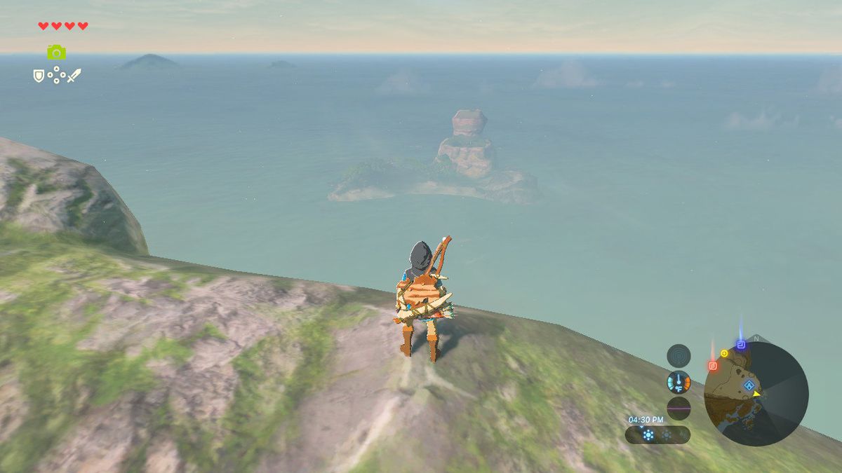 Link est à flanc de falaise et regarde la lointaine île Eventide dans The Legend of Zelda: Breath of the Wild.