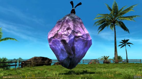 Détails du patch FFXIV 6.4 - un Spriggan au sommet d'un cristal violet flottant géant dans un champ