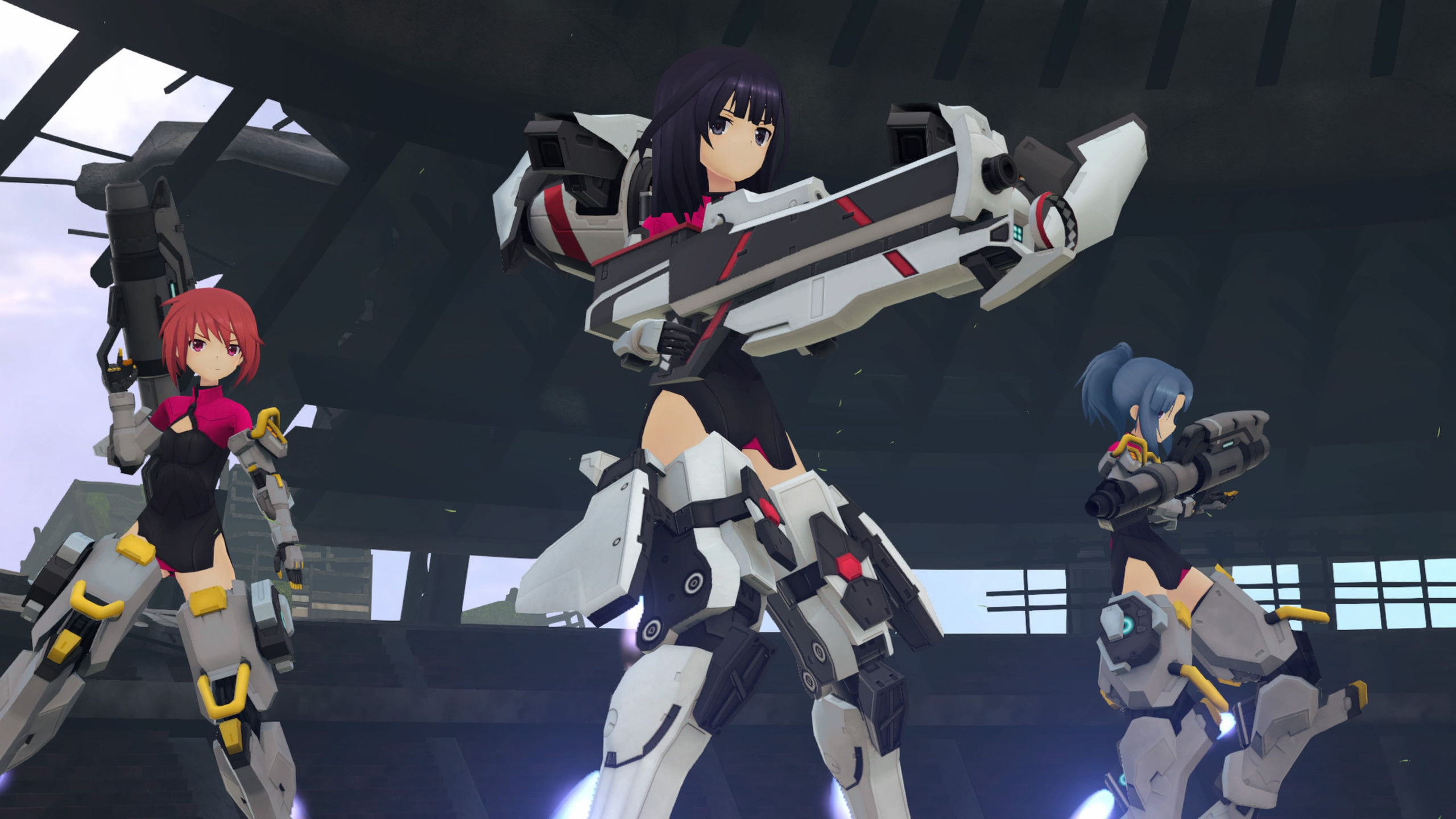 Trois filles équipées d'armes de haute technologie posant dans un bâtiment en ruine.