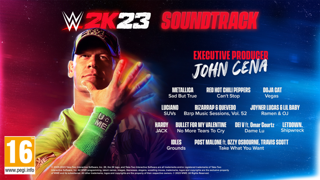 Image montrant John Cena faisant sa signature, vous ne pouvez pas me voir, ainsi qu'une liste de musiciens et de morceaux qu'il a sélectionnés pour le jeu.