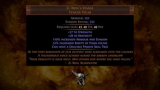 Path of Exile 3.21 Crucible - El'Abin's Visage, un casque d'escrimeur unique qui peut porter son propre arbre de compétences passif Crucible, la seule pièce d'armure à le faire