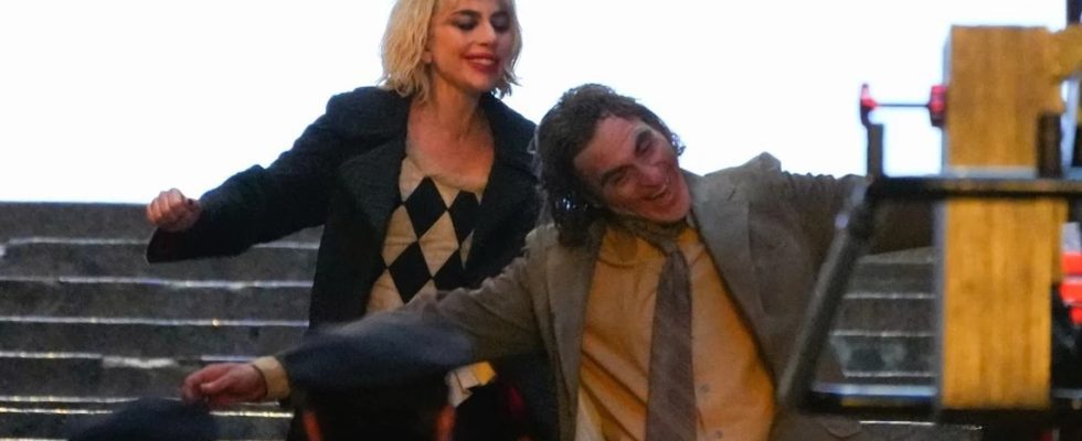 Joker: Folie à Deux (Joker 2) production photos show Lady Gaga and Joaquin Phoenix in full makeup on the first movie iconic concrete stairs.