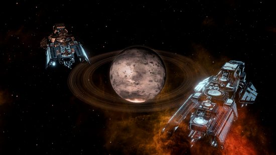 Patch Stellaris 3.7.4 - deux grands vaisseaux spatiaux orbitent autour d'une planète