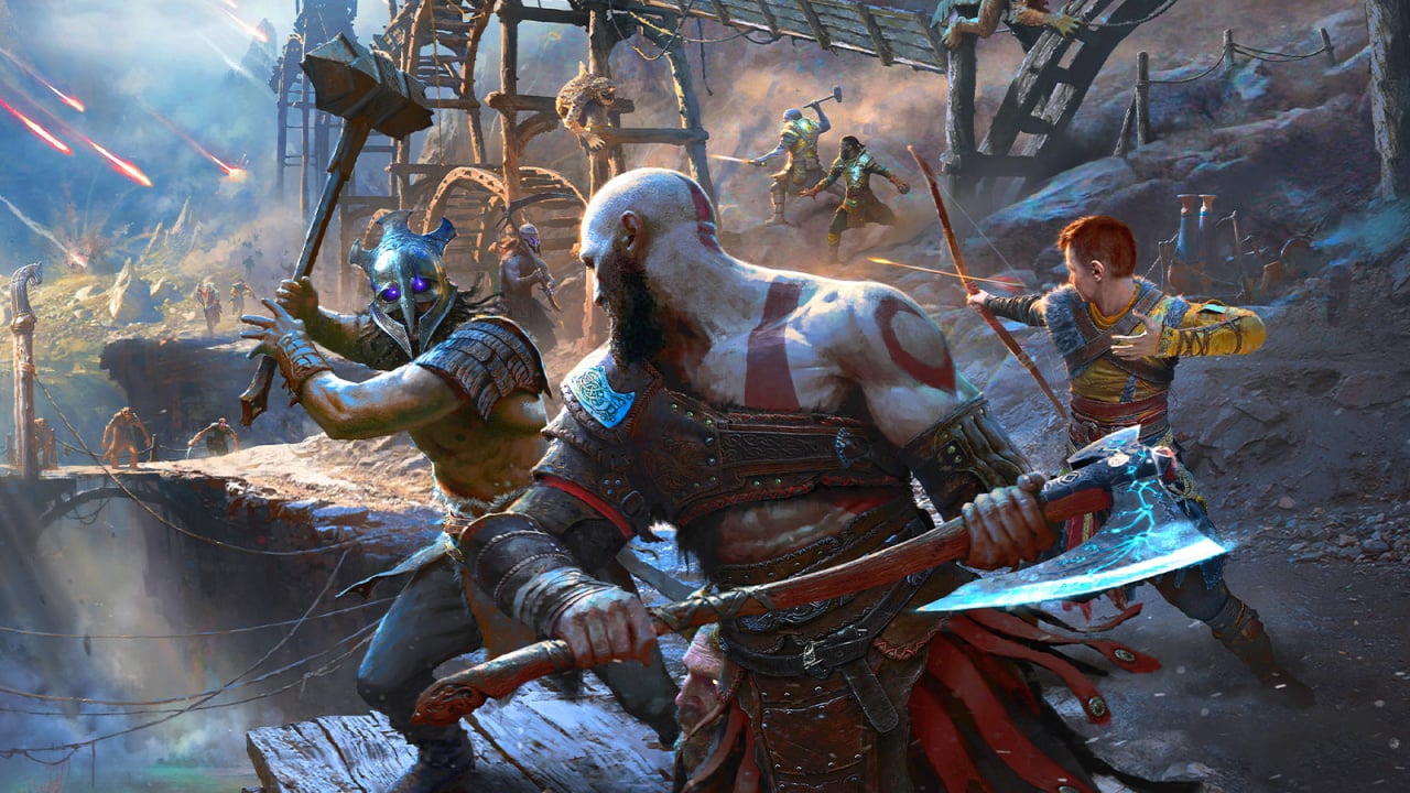 meilleurs jeux solo: Kratos et Atreus combattant des ennemis près d'une mine