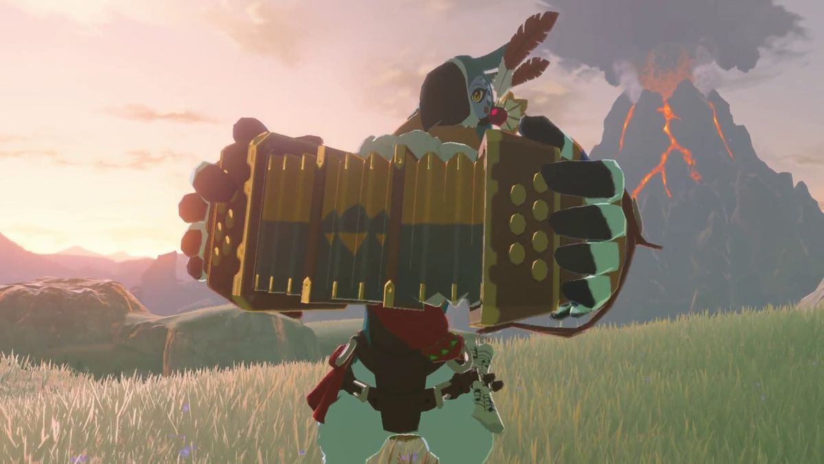 Kass, un oiseau anthropomorphe, joue de l'accordéon avec Death Mountain en arrière-plan dans The Legend of Zelda : Breath of the Wild.