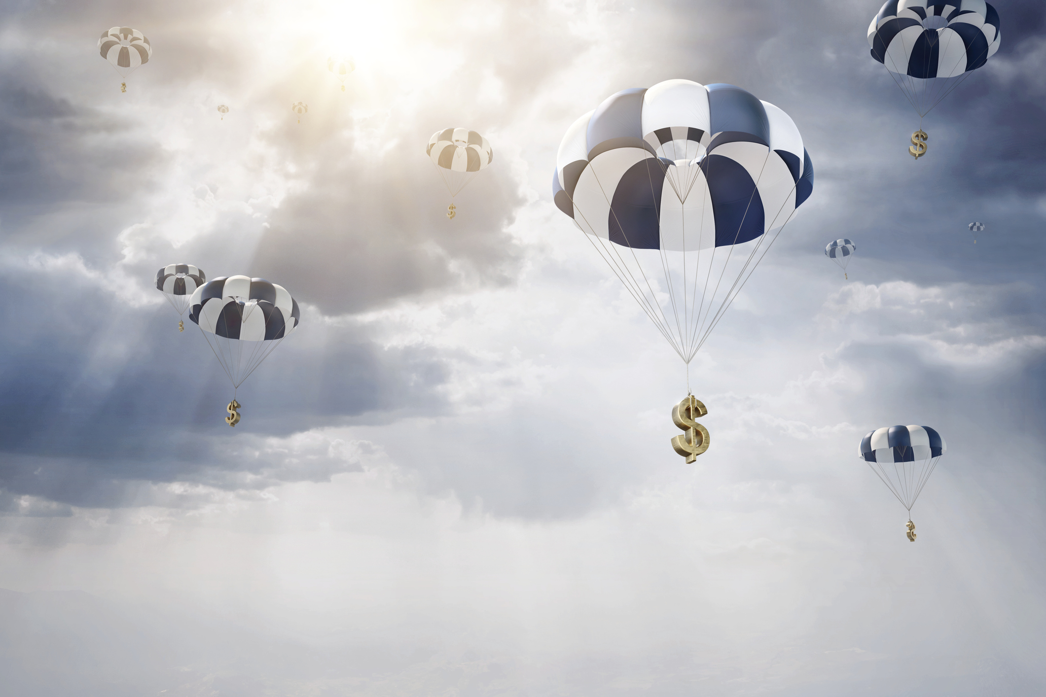 Parachutes avec signe dollar tombant du ciel