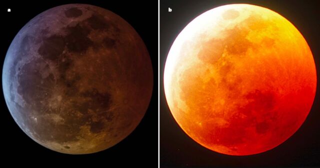(a) Une lune sombre pendant une éclipse lunaire suggère une grande quantité d'aérosols volcaniques dans l'atmosphère terrestre.  (b) Une lune rougeâtre brillante suggère que les aérosols volcaniques sont rares.