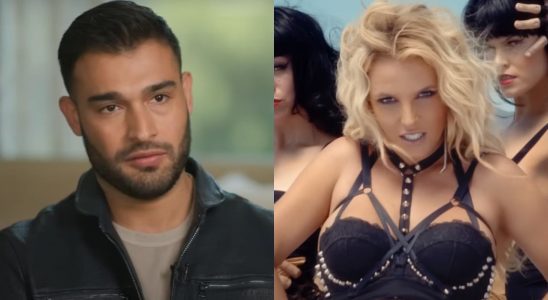 Sam Asghari in ABC News interview and Britney Spears in Work Bitch music video.