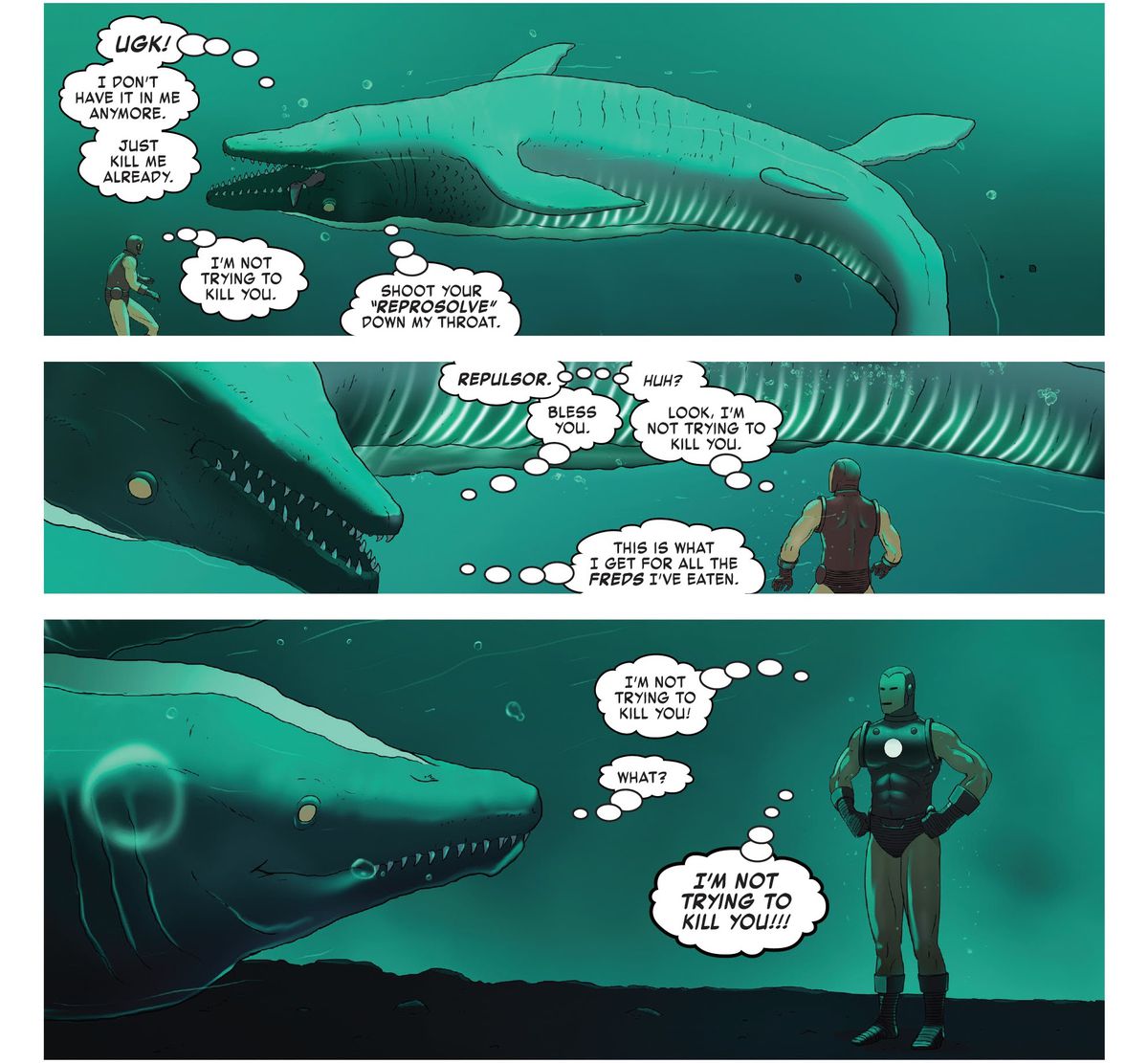 Debout au fond de l'océan avec les bras sur les hanches, Iron Man dit à plusieurs reprises à un mosasaurus psychique quelque peu découragé qu'il n'essaie pas de les tuer dans I Am Aron Man # 2 (2023). 