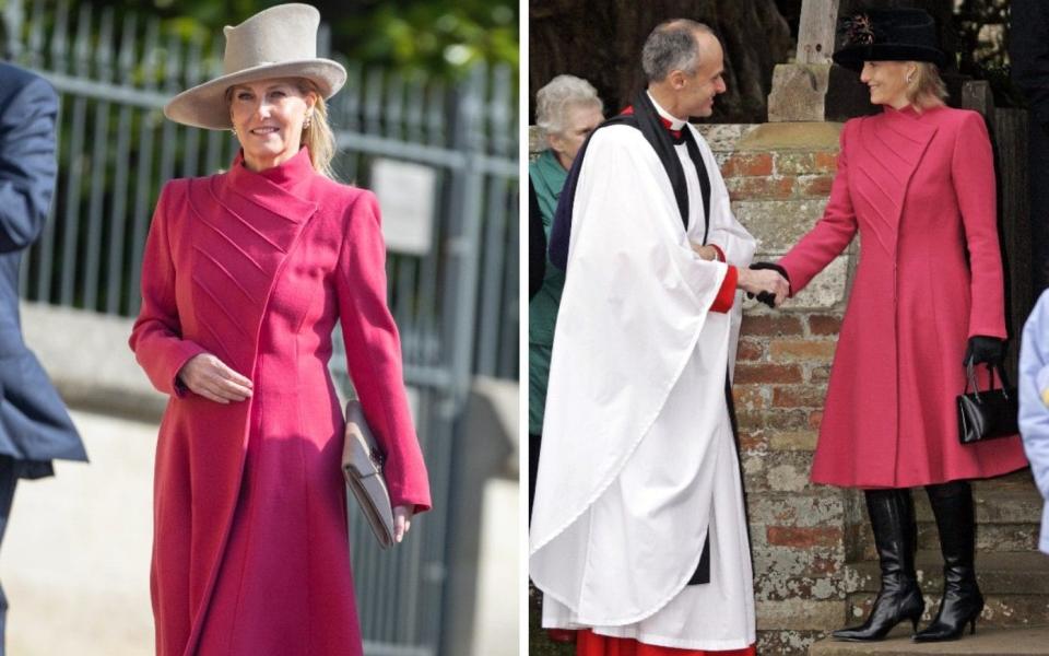 La duchesse d'Édimbourg portant à nouveau un manteau rose vu pour la première fois le jour de Noël en 2005 - Getty