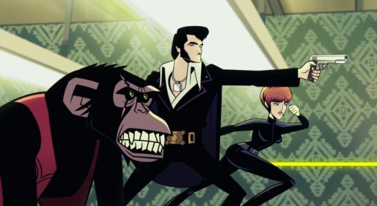 Agent Elvis (L to R) Tom Kenny as Scatter, Matthew McConaughey as Elvis and Kaitlin Olson as Cece in Agent Elvis. Cr. COURTESY OF NETFLIX © 2023