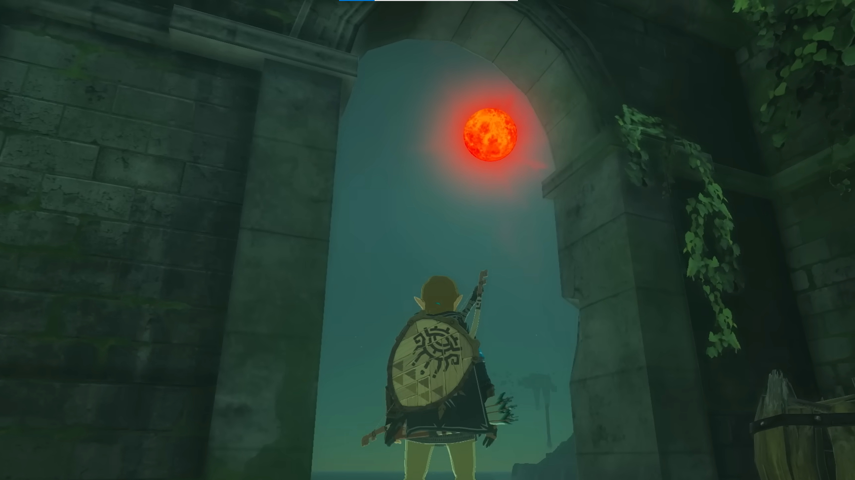 Link debout en ruines, regardant la lune de sang