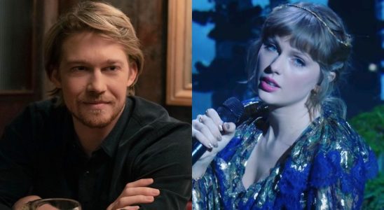 From left to right: Joe Alwyn in Conversations with Friends and Taylor Swift singing at the Grammys