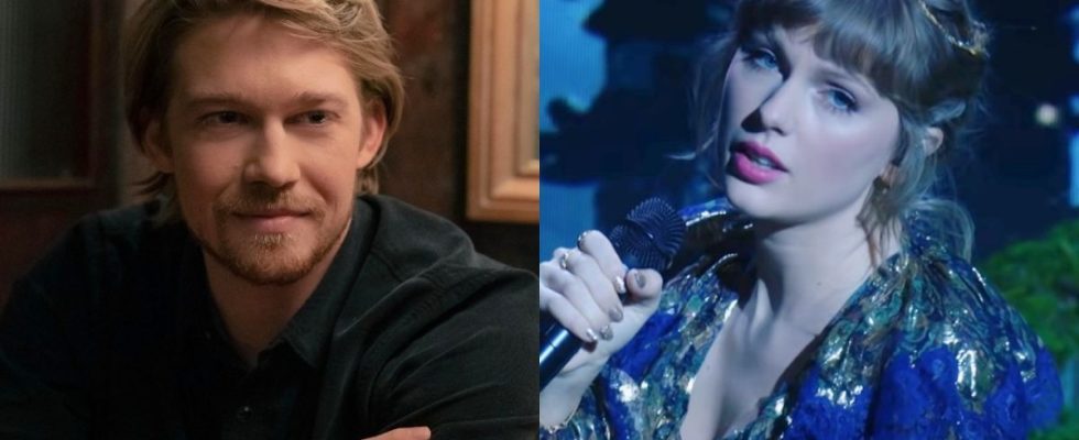 From left to right: Joe Alwyn in Conversations with Friends and Taylor Swift singing at the Grammys