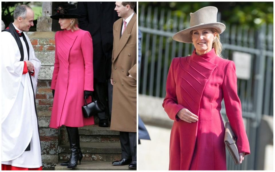 La duchesse d'Édimbourg portait le même manteau rose en 2005 (à gauche) et lors du service de Pâques de cette année