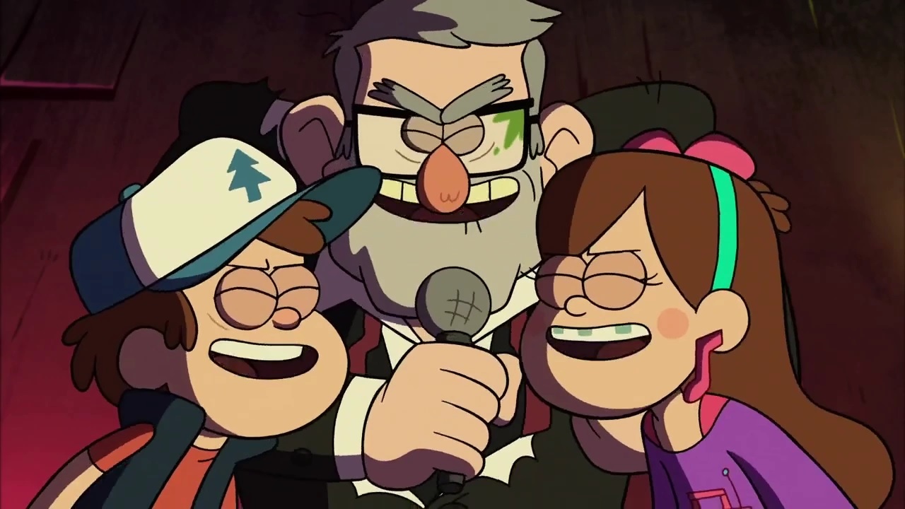 (De gauche à droite) Dipper, Stan et Mabel chantant dans un microphone dans un épisode de Gravity Falls
