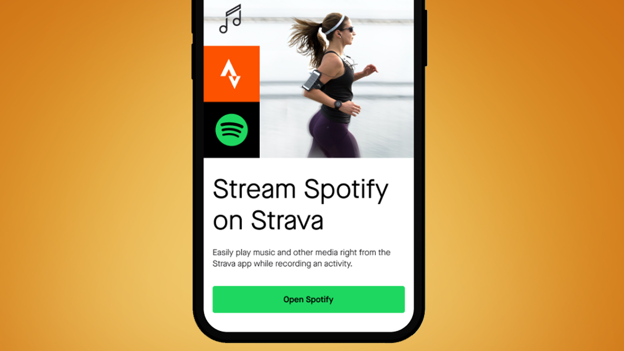 Un écran de téléphone sur fond orange montrant l'intégration de Strava et Spotify