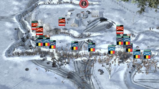 Un champ de bataille virtuel avec des soldats dans la neige chargeant au-dessus d'une tranchée lors d'une attaque