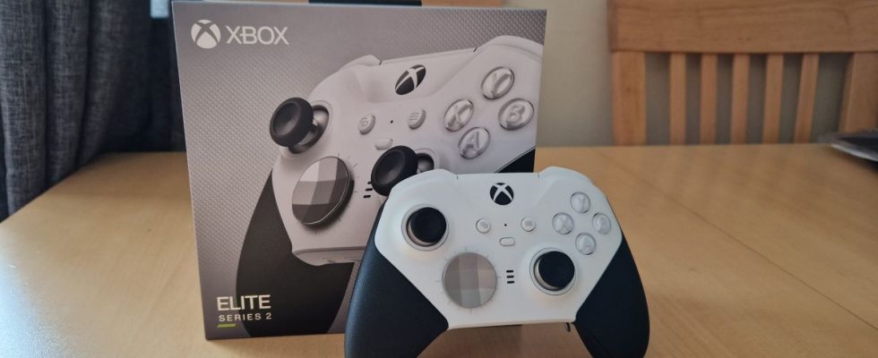 Xbox Elite Series 2 Core review hero image showing the controller standing up in front of its box