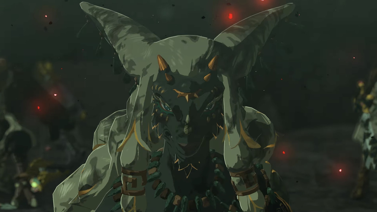 Une image d'un nouveau personnage de The Legend of Zelda : Tears of the Kingdom.  Il a un visage de chèvre et de la fourrure partout.  Il a également des accents dorés qui décorent son visage. 