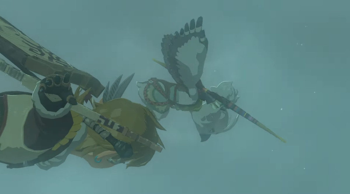 Une image de Link et d'un jeune Rito plongeant ensemble dans des nuages ​​orageux dans The Legend of Zelda: Tears of the Kingdom. 