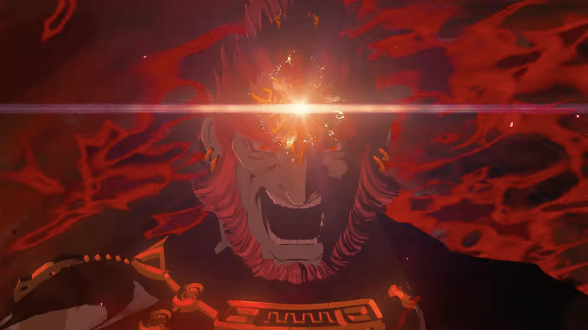 Une image de Ganon dans The Legend of Zelda : Tears of the Kingdom.  Sa tête brille d'or avec du pouvoir et il est entouré de miasmes rouges. 