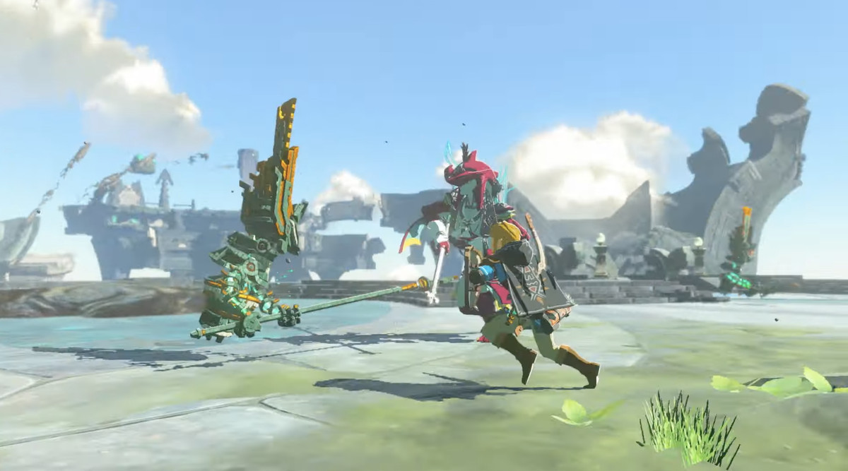 Une image de Link et du prince Sidon combattant une construction côte à côte dans The Legend of Zelda: Tears of the Kingdom.
