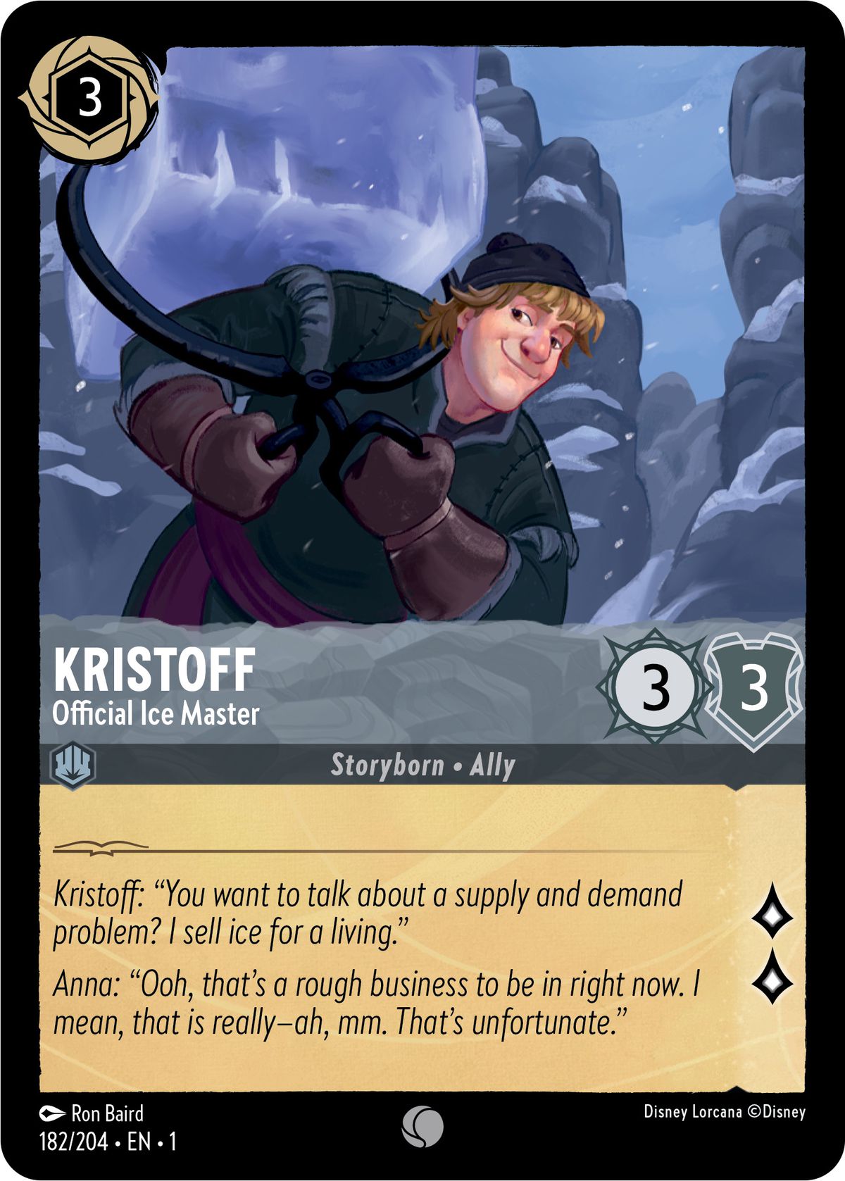 Kristoff, maître de glace officiel, est une lueur 3/3 – un allié né dans l'histoire – qui peut être jouée à la table pour 3 encres.  Il génère deux connaissances lors de la quête.
