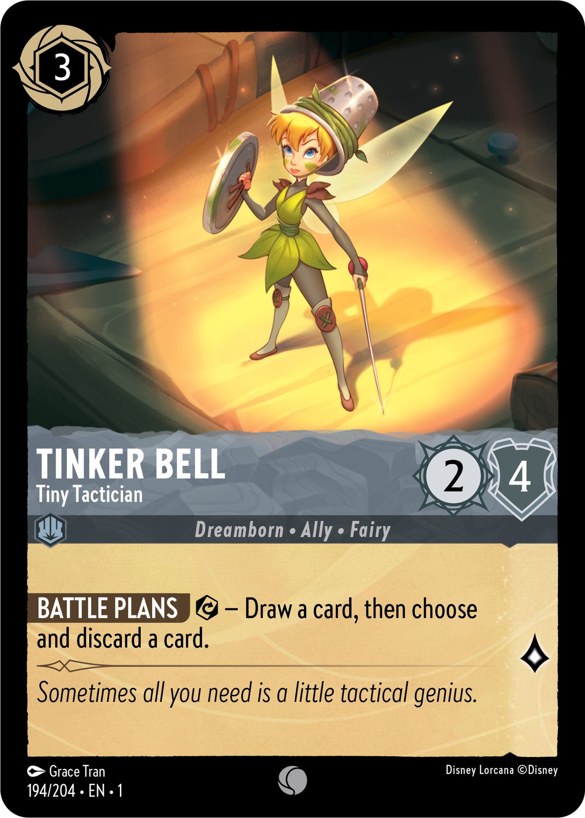 Tinkerbell, petite tacticienne, est une lueur - une dramborn, une alliée, une fée - avec 2/4.  Lorsqu'elle est exercée, elle permet au joueur de piocher une carte, puis de choisir et de défausser une autre carte.  Elle vaut un savoir lors d'une quête.