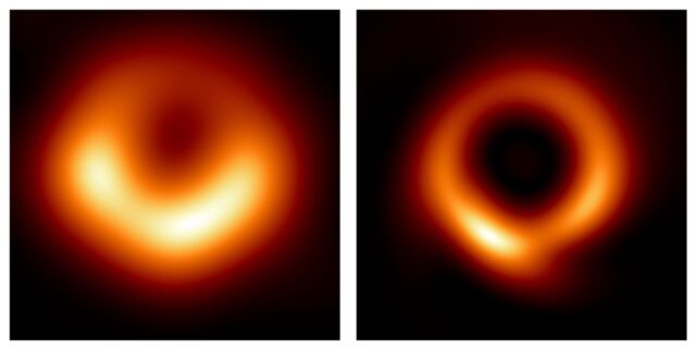 Trou noir supermassif M87 initialement imagé par la collaboration EHT en 2019 (à gauche) ;  et nouvelle image générée par l'algorithme PRIMO en utilisant le même ensemble de données (à droite).
