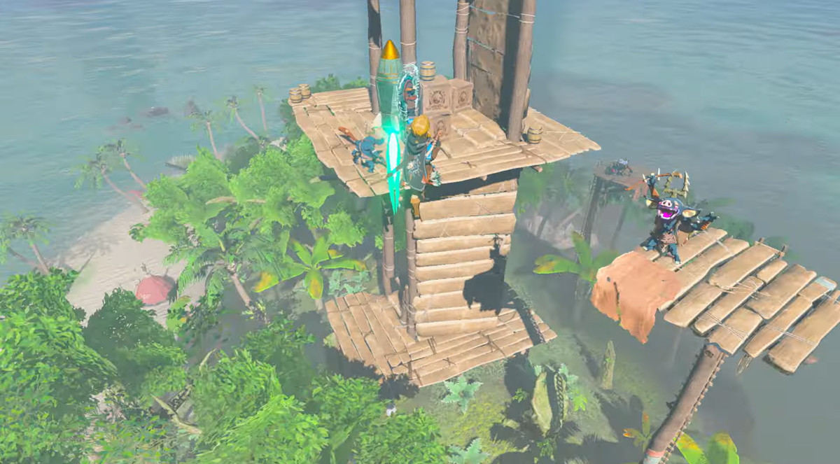 Link tenant une fusée artisanale alors qu'elle vole droit dans The Legend of Zelda: Tears of the Kingdom