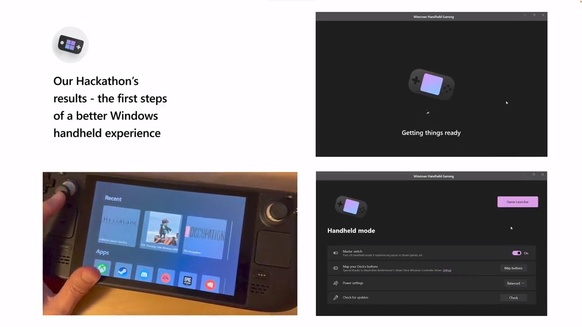 Fuite des côtés du « shell de jeu » de Windows 11 sur Steam Deck avec des options de menu pour le mode portable et des icônes de vitrine 