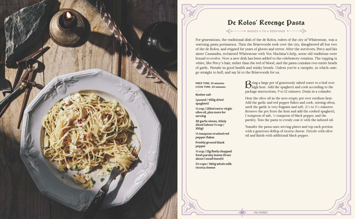 Une recette pour un plat de pâtes, qui comprend 20 gousses d'ail et du poivre frais.  Il s'appelle Rolo's Revenge, basé sur le monde de Critical Role.