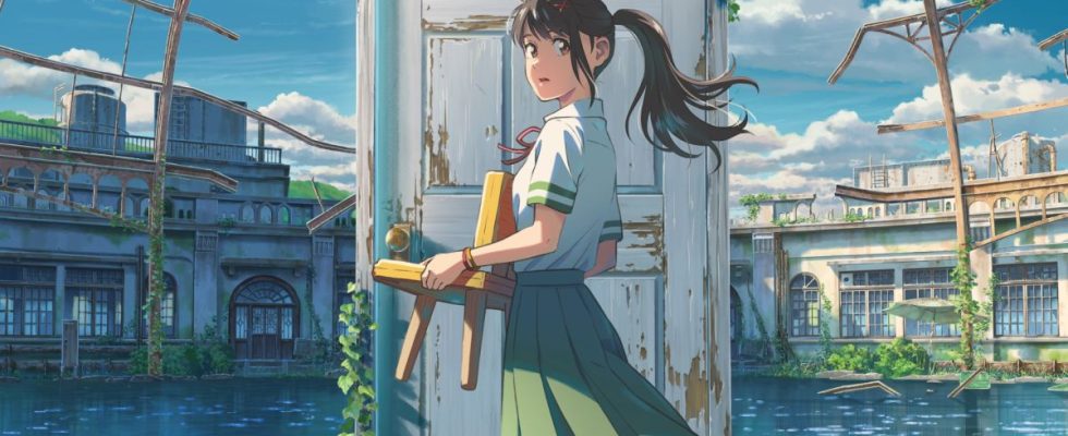 Suzume key art featuring Suzume, a chair, and a door standing in ruins