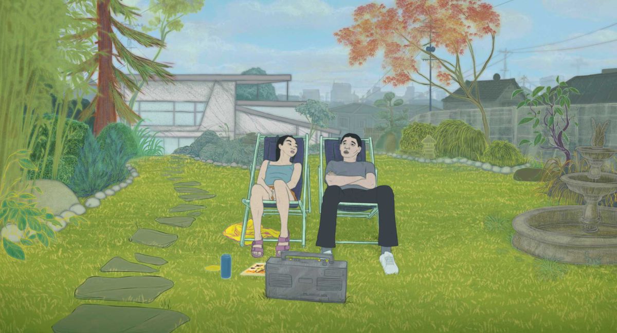 Un homme et une adolescente parlent dans un terrain vague dans l'adaptation de Haruki Murakami Blind Willow, Sleeping Woman.